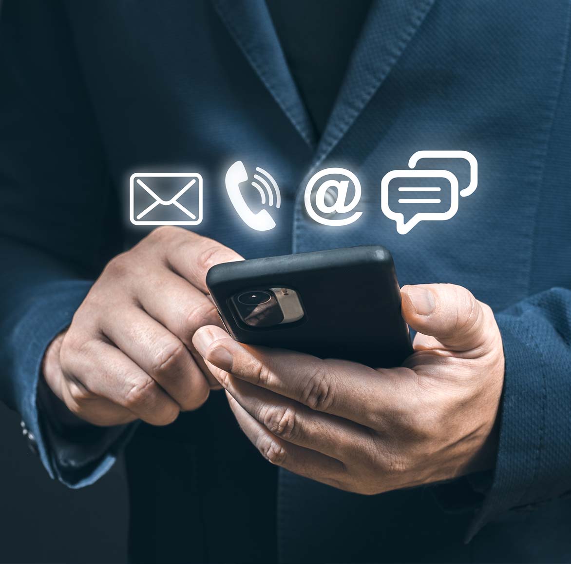 Person on their smart device with icons for email, text, chat and phone floating above.